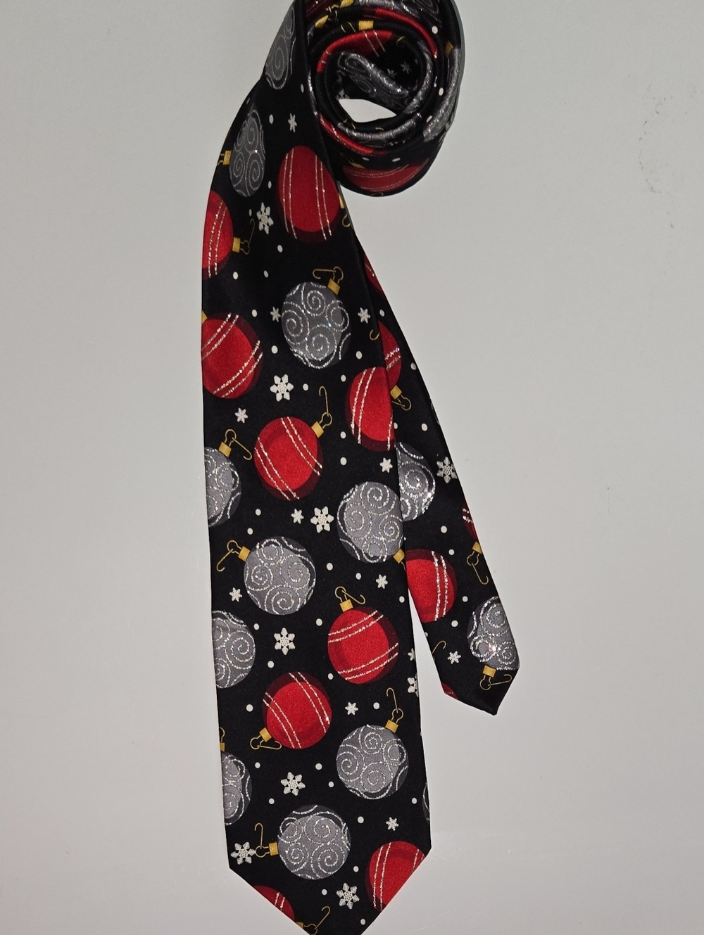 Black Holiday Tie with Red and Silver Ornament Motif